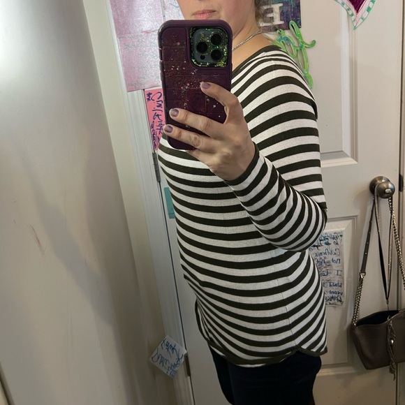 MICHAEL KHORS OLIVE GREEN WHITE STRIPE S SMALL EUC TOP SHIRT LONG - Picture 15 of 15